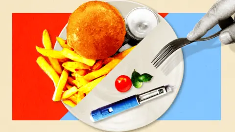 Illustration of a dinner plate in two halves. One half is filled with a burger and chips. The other has a cherry tomato, two small salad leaves and a weight-loss jab pen