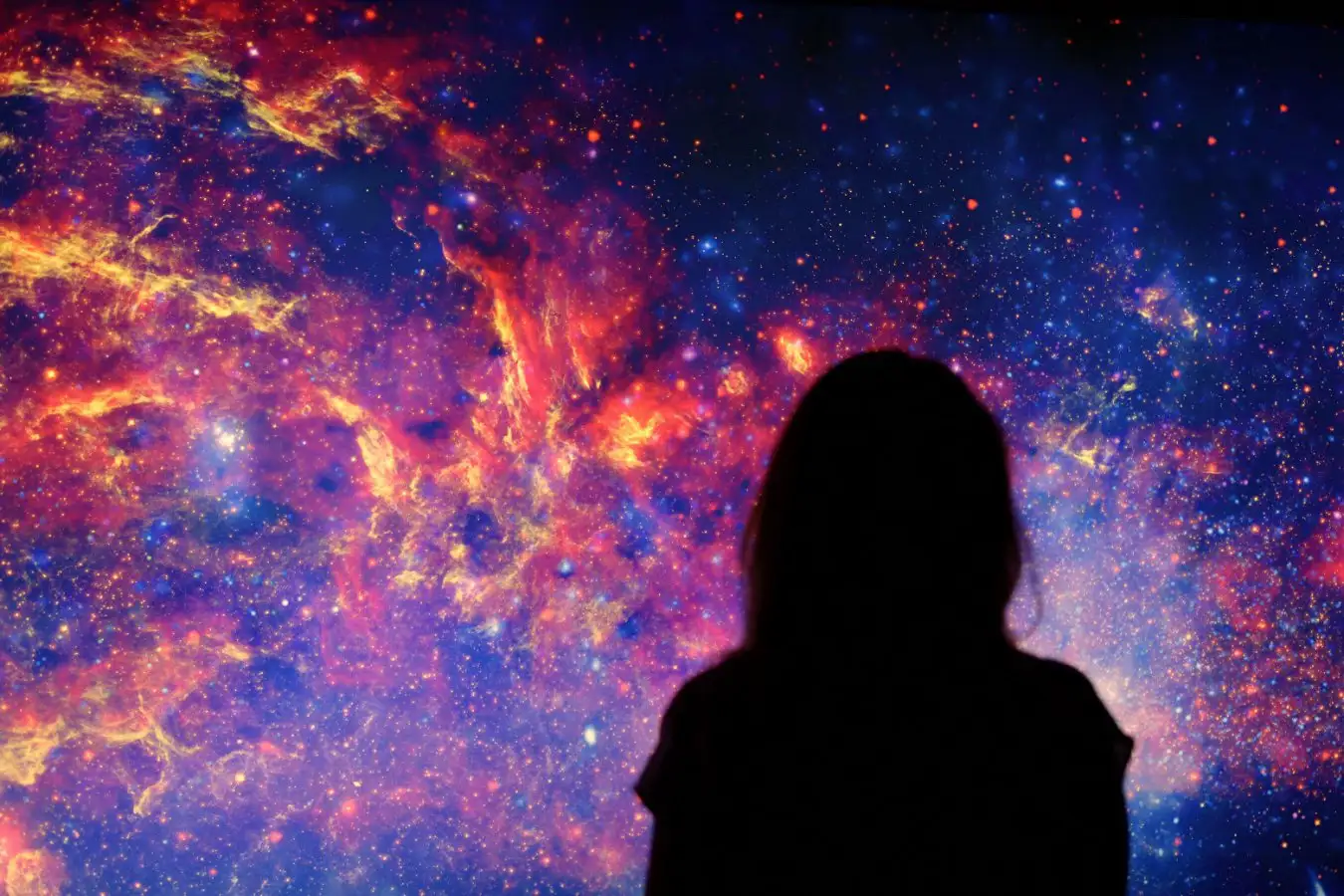 3APAPEW Dark silhouette of a girl in dress on mystical deep space background