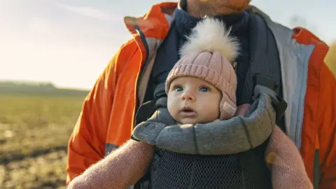 Getty Images A smiling baby wearing a pink hat is looking out while being carried in a grey baby sling worn by her father, who wears a thick blue jumper and orange rain jacket.