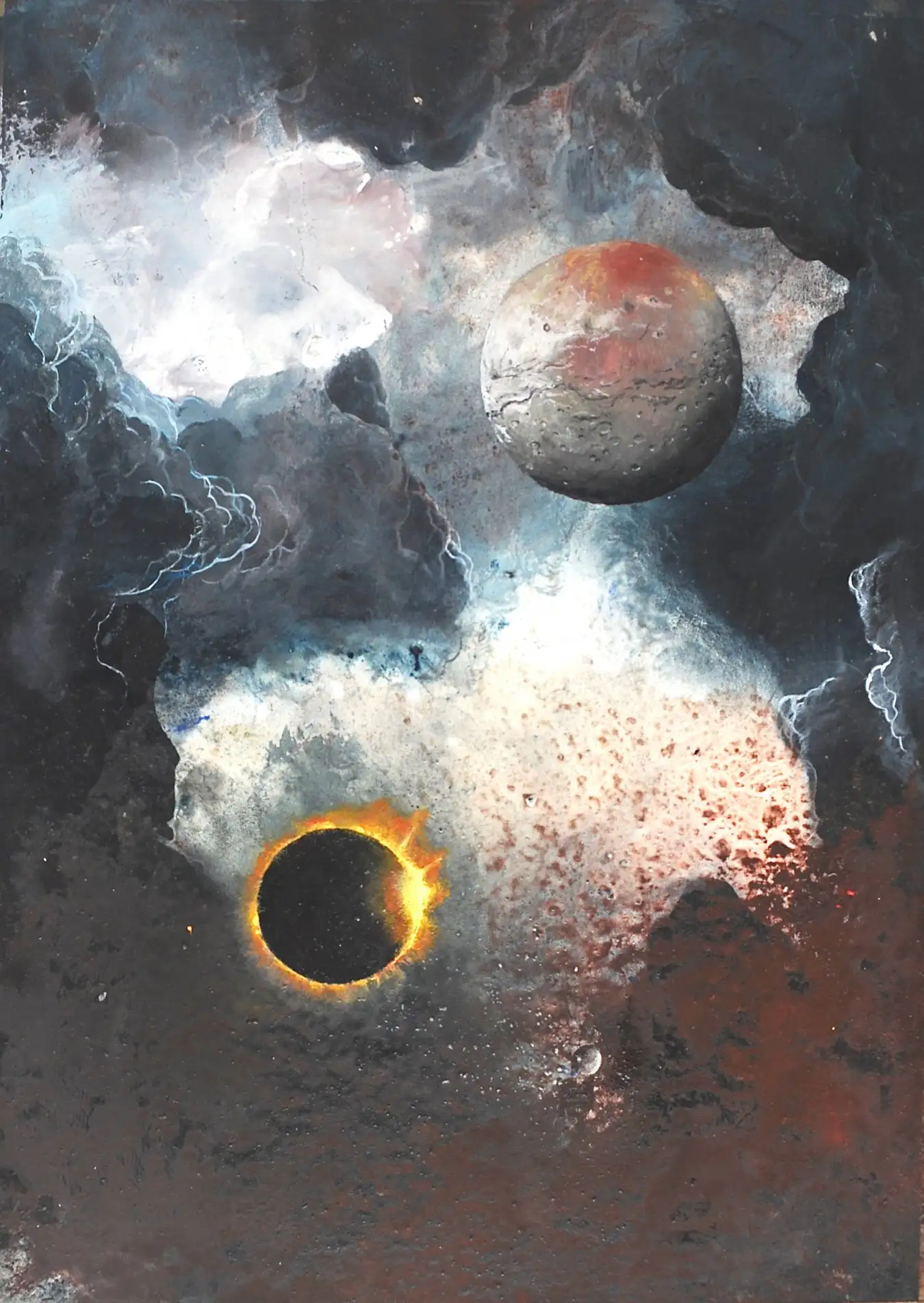 Impossible landscape 15-05-25 39.5 x 29 cms Oi and acrylic on paer Michael Porter RWA, Impossible Landscape 15-05-25, 2025 Oil and acrylic on paper, 57 x 48 x 4 cm Courtesy of the artist and the Royal West of England Academy. Porter has devoted a lifetime to making work rooted in a real tangible experience of land, rock and water ? the physical elements of landscape and geology. These visionary new paintings reach beyond this Earth towards an unknown future, extending to an imagined connection with the Cosmos.