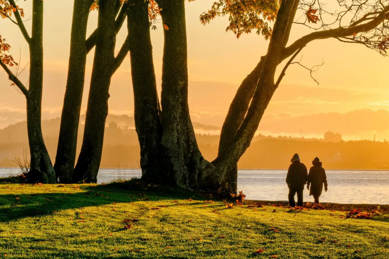 Two people walking by a lake at sunset