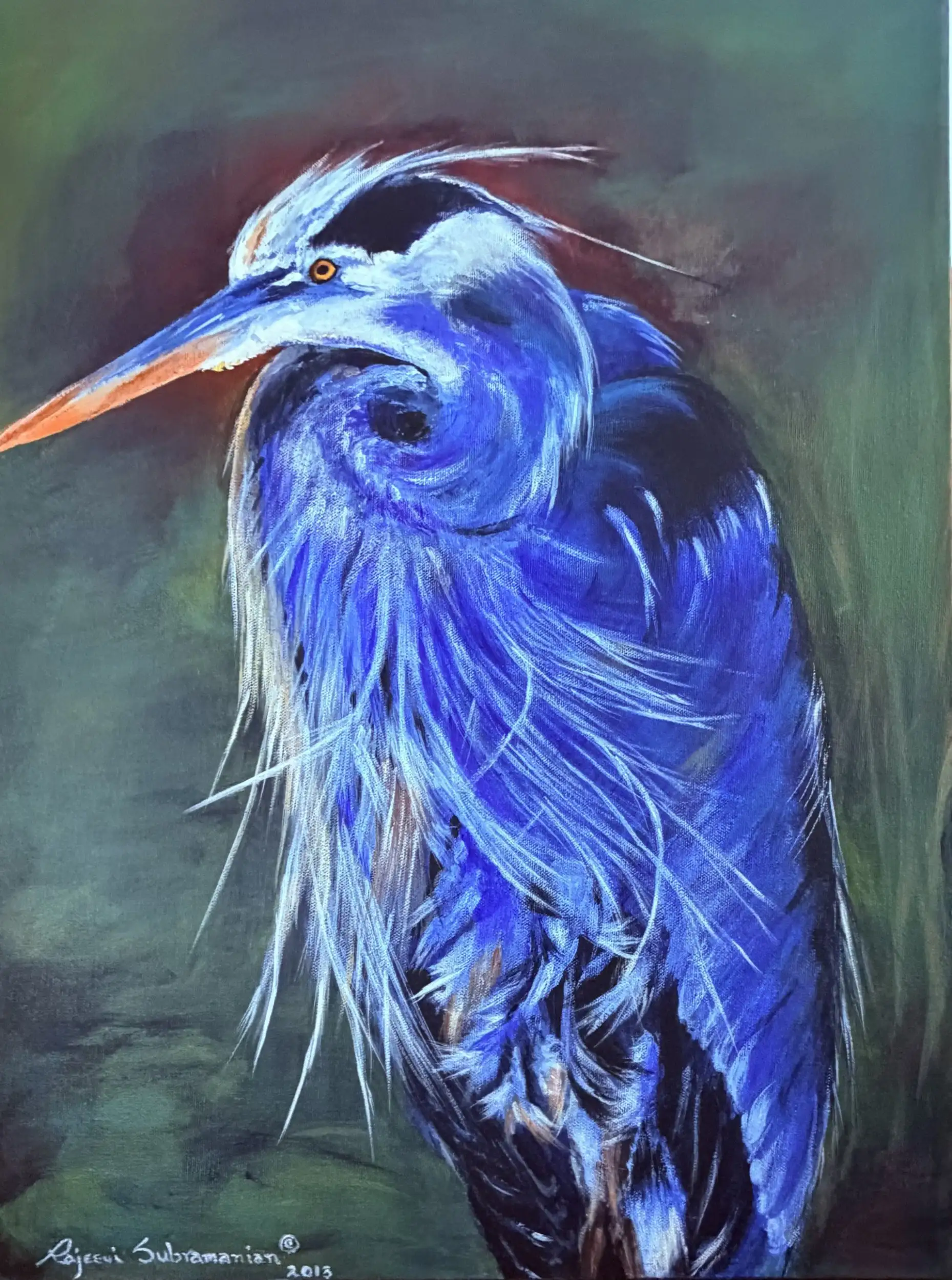 A painting of a blue heron. The blue is particularly vibrant, bordering on ultramarine.