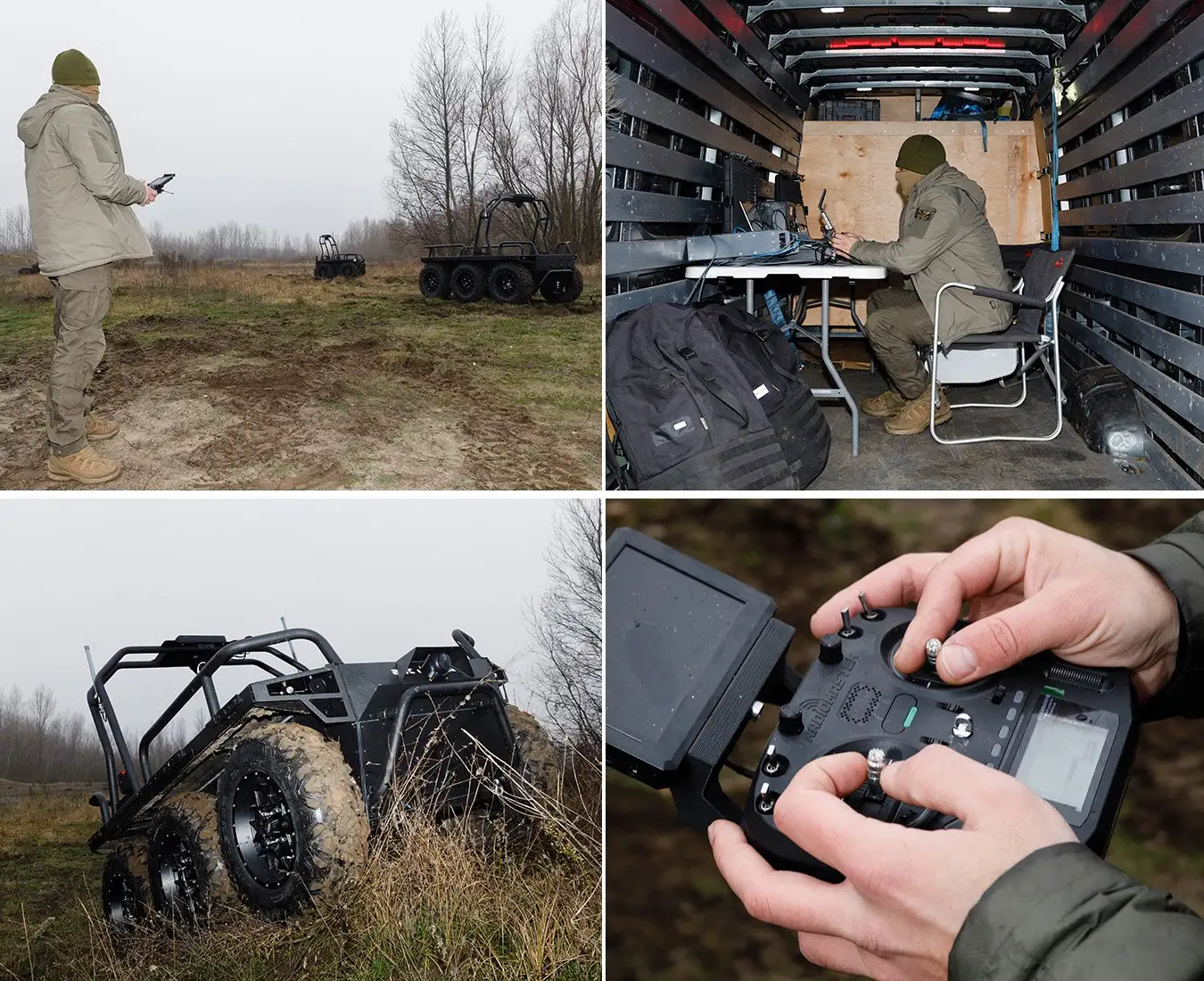A collage of four photos, depicting a pilot (a hat and scarf cover his face) controlling ground-based drones (Ratel X and Ratel M). With a remote controller, he drives two large vehicles around a test ground.