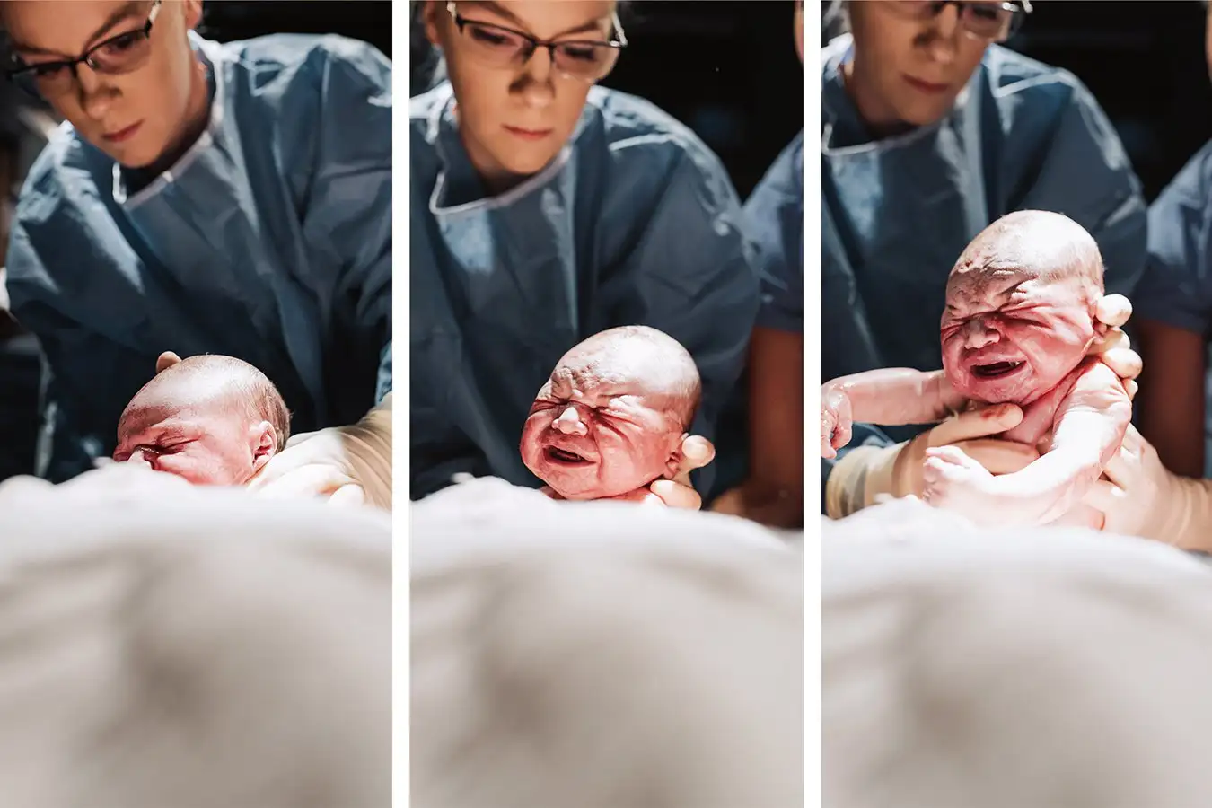 Photos of a newborn infant being carefully cradled by the medical professional helping to deliver it. The photos are taken from the perspective of the parent giving birth.