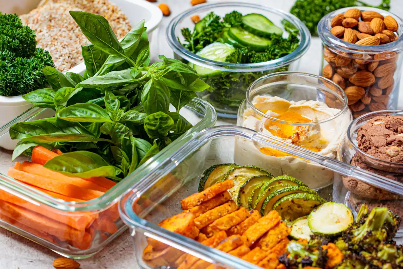 Pots containing healthy plant-based foods.