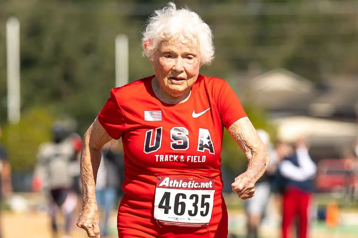 The record-breaking athlete Julia Hawkins competing in a race. She took up running aged 100