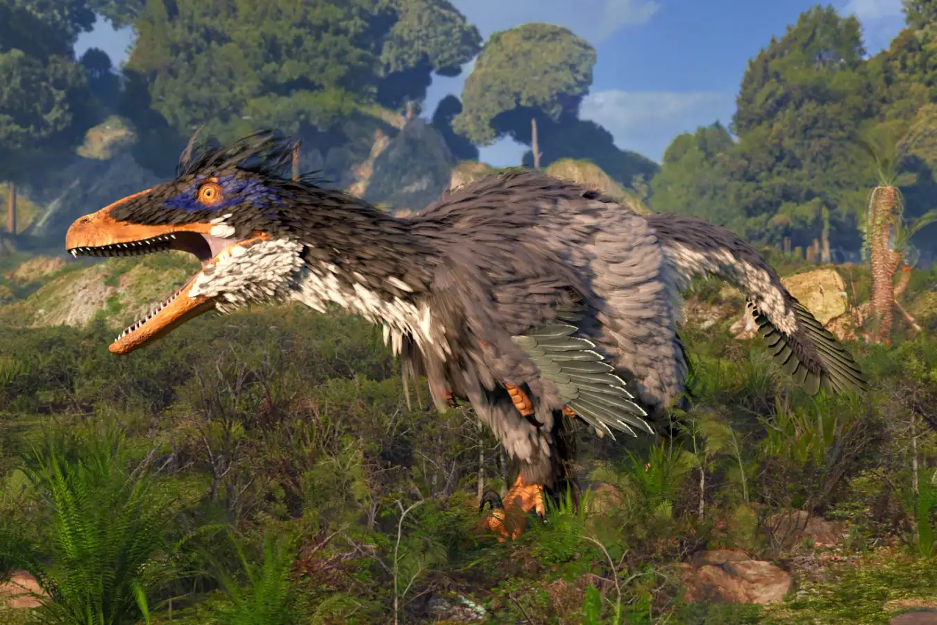 Illustration of a Deinonychus dinosaur with feathers