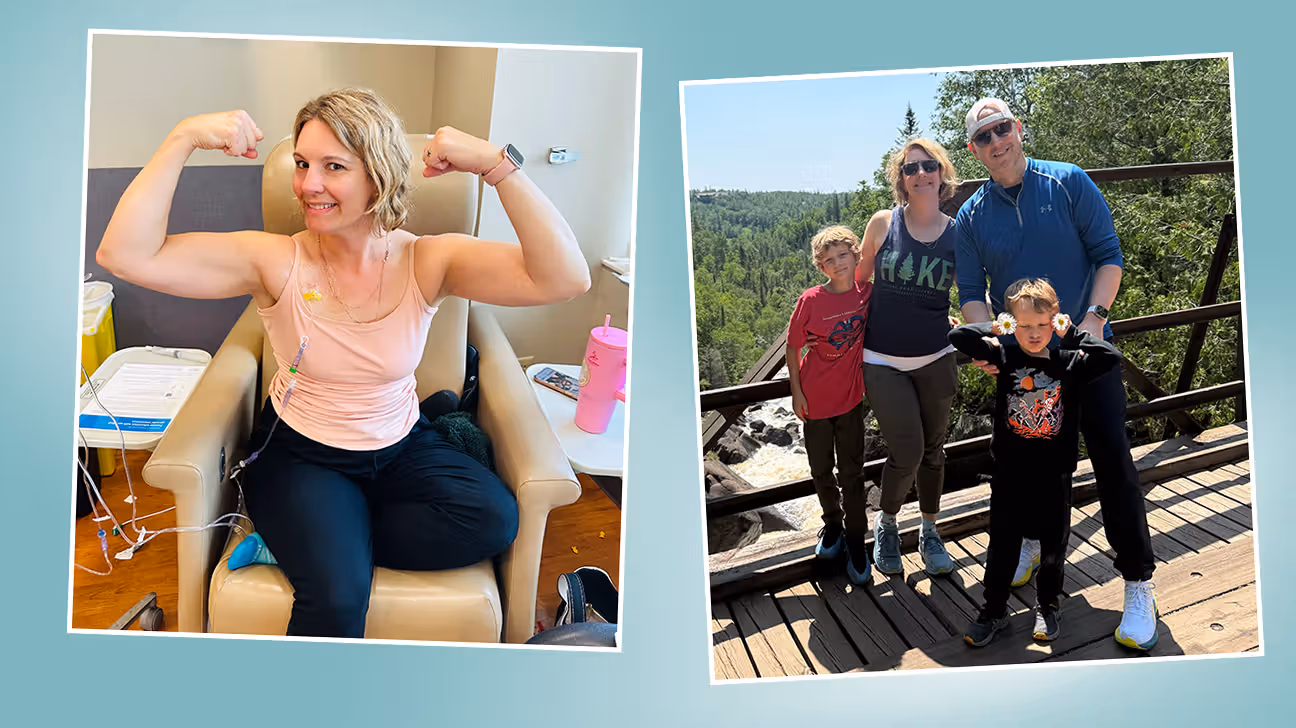 Collage of images: Heather poses proudly during treatment and then smiles with her husband and 2 sons