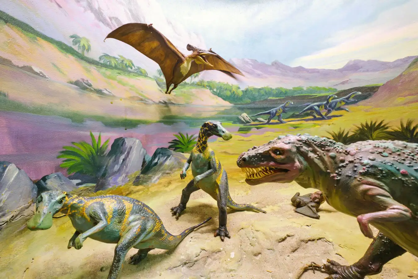 2M3EH4G A recreation of various fighting dinosaurs. Detail of a diorama at the Gorodskoy Muzey, Museum, in Temirtau, Kazakhstan.