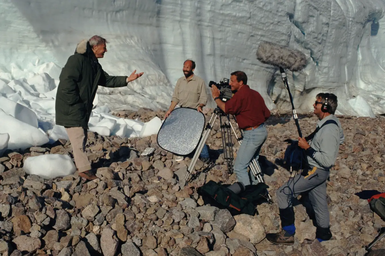 David Attenborough with film crew on Ellesmere Island, Canada
