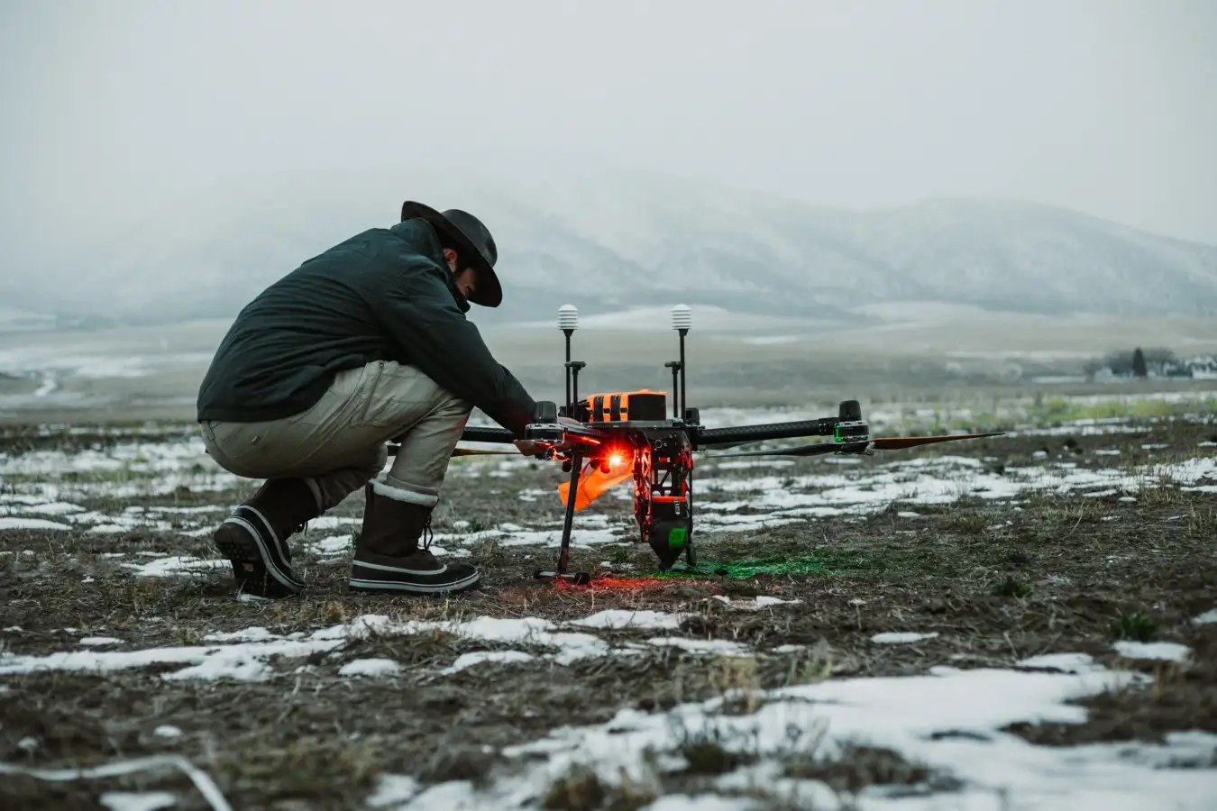 A Rainmaker forward operating specialist performs a pre-flight check on the Elijah UAV outside Pocatello, ID.