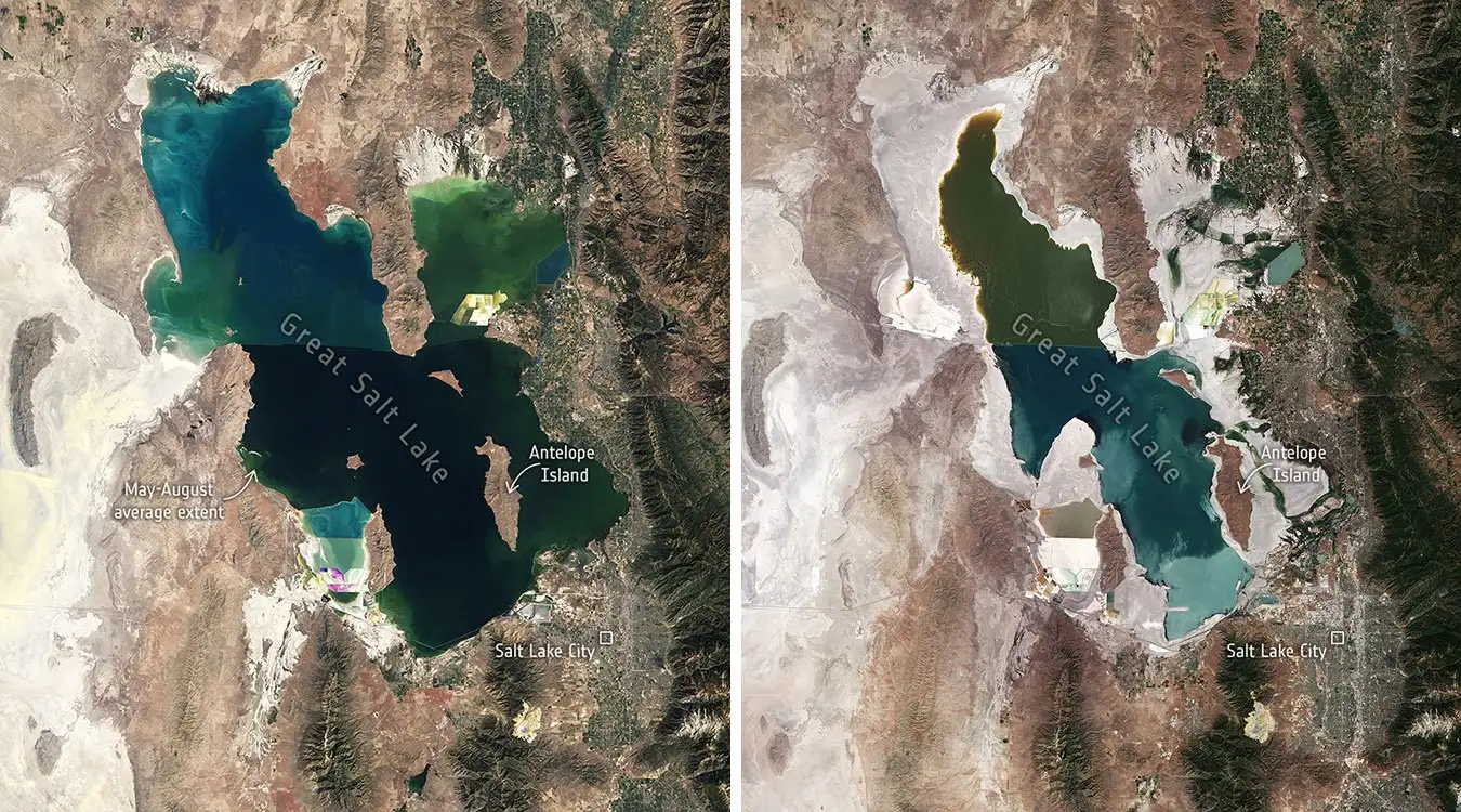 LEFT: 1985 Utah?s Great Salt Lake is disappearing ESA / Applications / Observing the Earth / Copernicus RIGHT: 2022 Utah?s Great Salt Lake is disappearing ESA / Applications / Observing the Earth / Copernicus