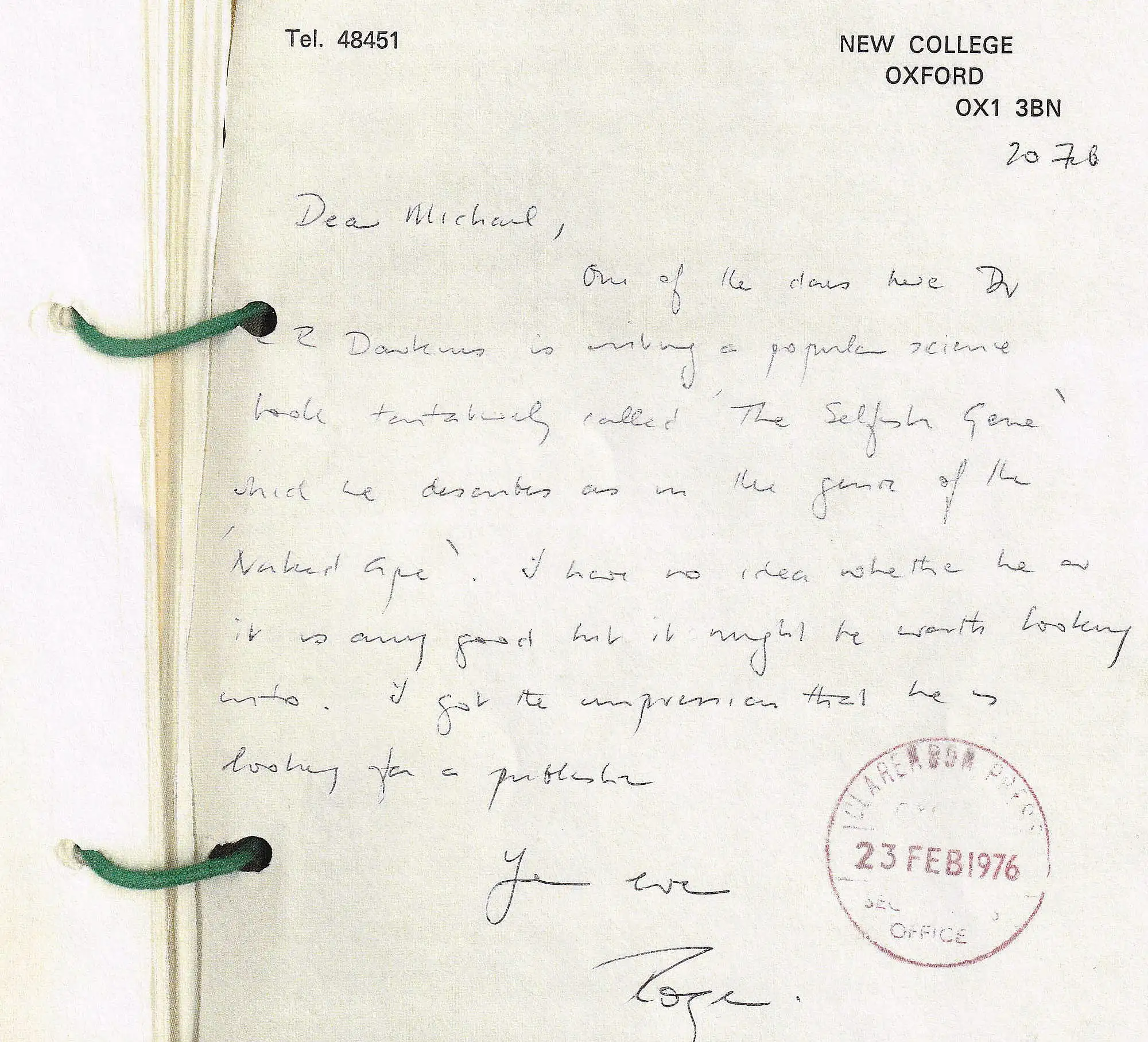 The letter sent to book editor Michael Rodgers more than 50 years ago, about The Selfish Gene