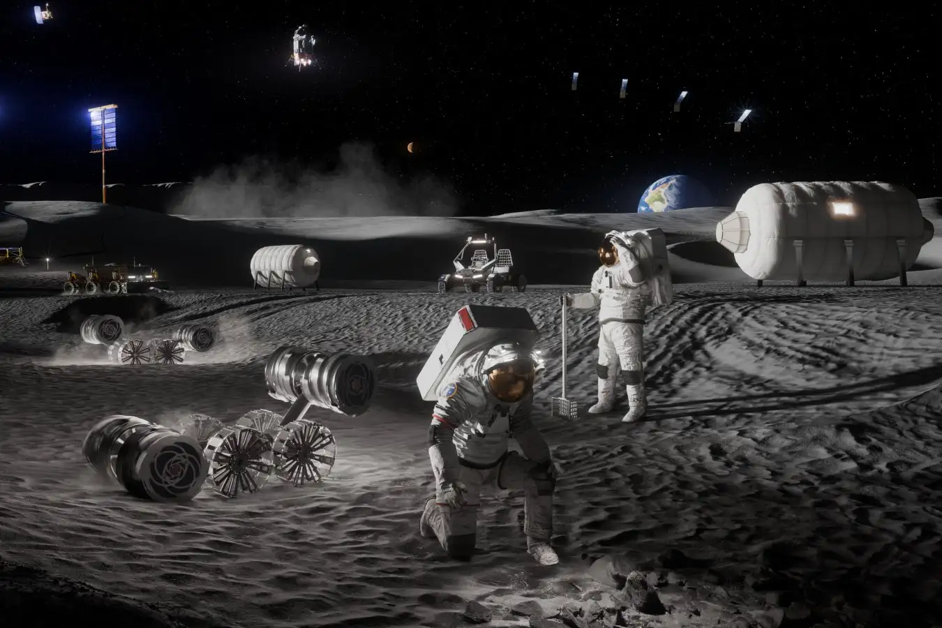 An artist's illustration depicting astronauts, rovers, power systems and cargo operations at the planned base