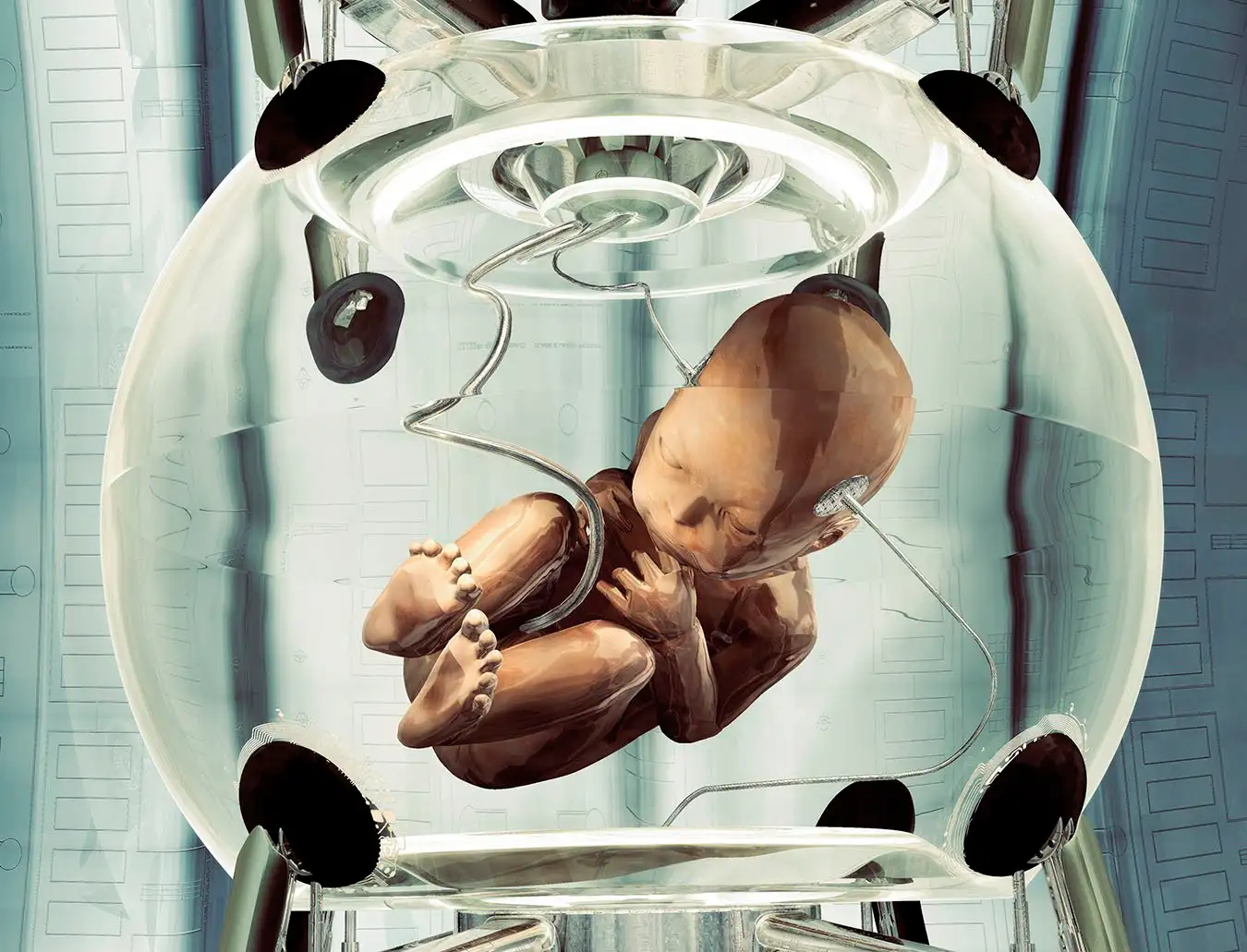 Designer baby. Conceptual computer artwork of a developing foetus being grown artificially in a machine.