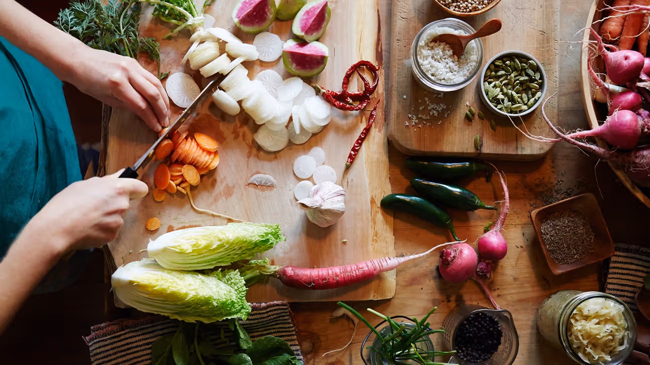 Overhead view of healthy food preparation