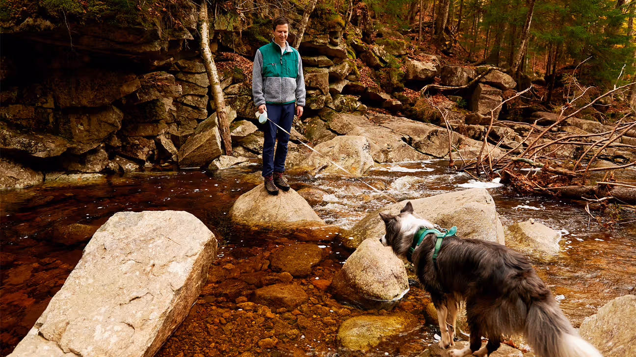Person hiking near a stream with his dog