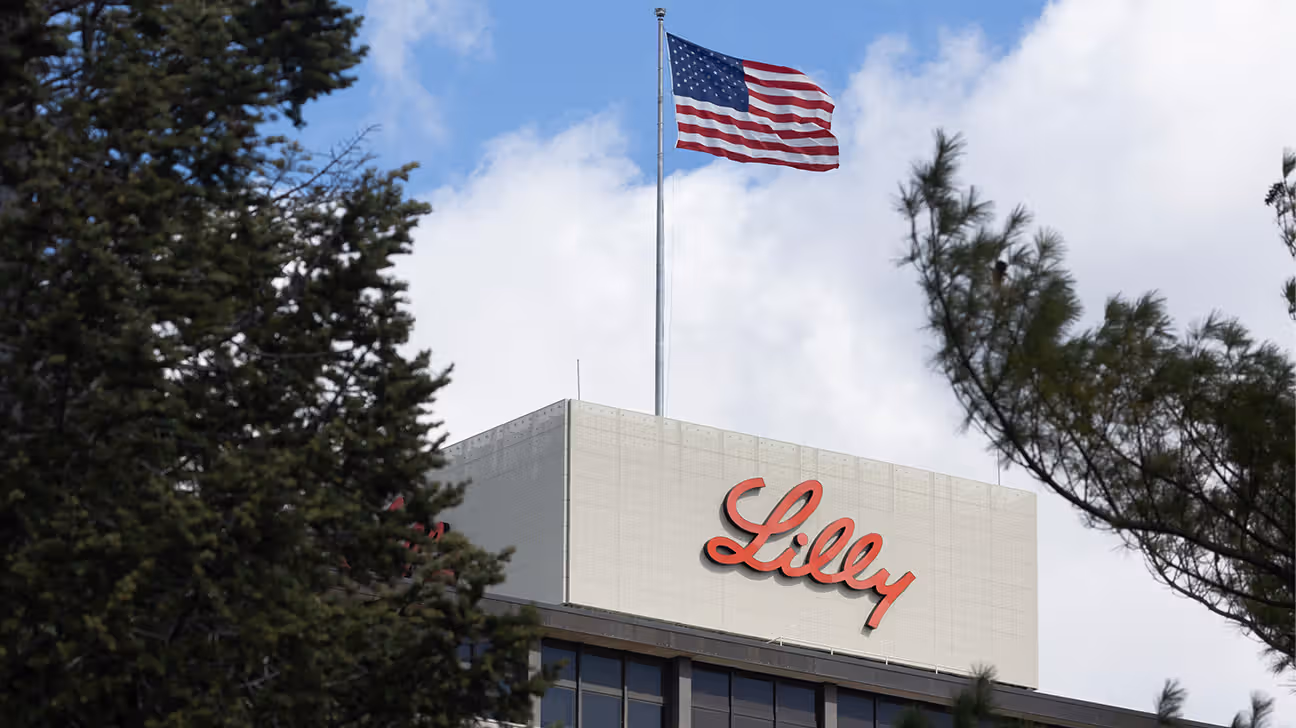 Eli Lilly Headquarters with an American flag flying over it