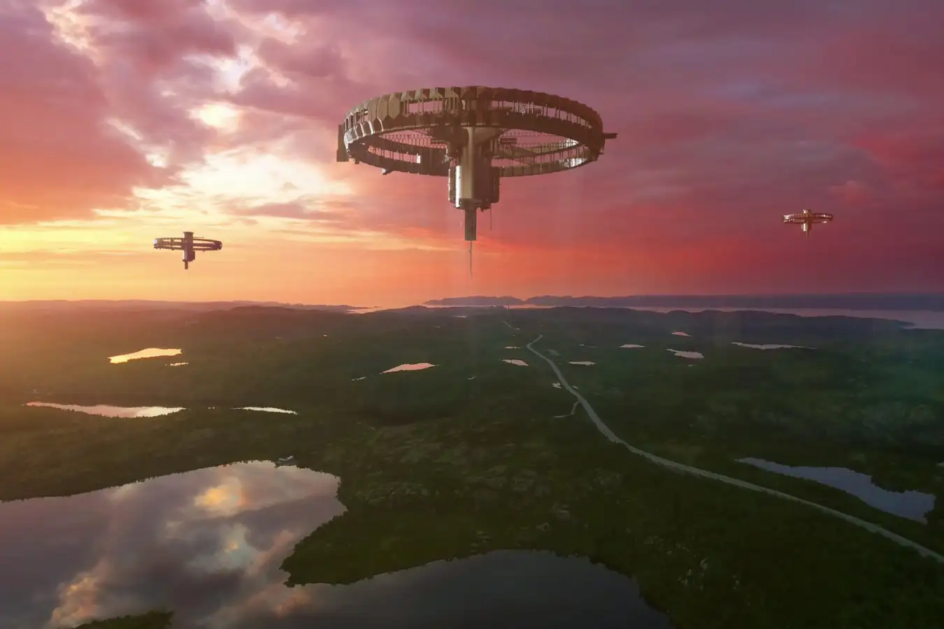 Futuristic alien vessels float in formation over a vast natural valley lit by vibrant evening light.