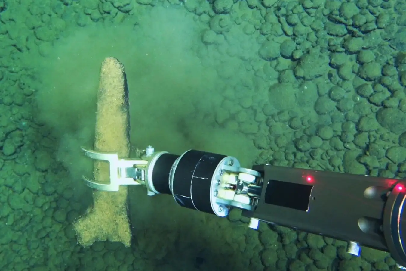 Recovery of whale fossil bones using the manipulator arm of the Chinese submersible Fendouzhe on the deep seafloor of the Diamantina Zone.