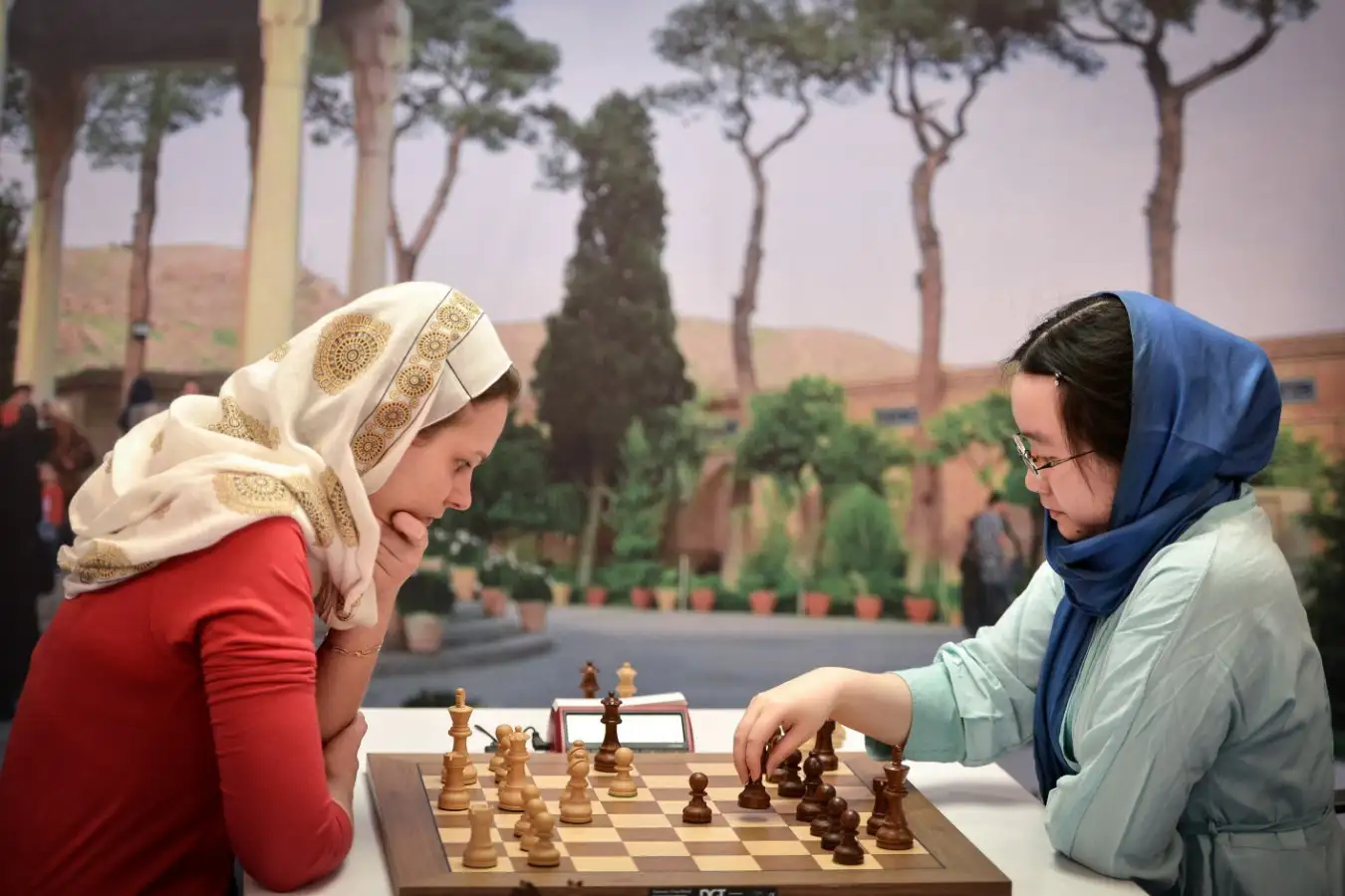 TEHRAN, IRAN - MARCH 03 : Anna Muzychuk (L) of Ukraine plays against Tan Zhongyi (R) of China during the final day of the Women's World Chess Championship 2017 at Espinas Palace Hotel in Tehran, Iran on March 03, 2017. (Photo by Fatemeh Bahrami/Anadolu Agency/Getty Images)