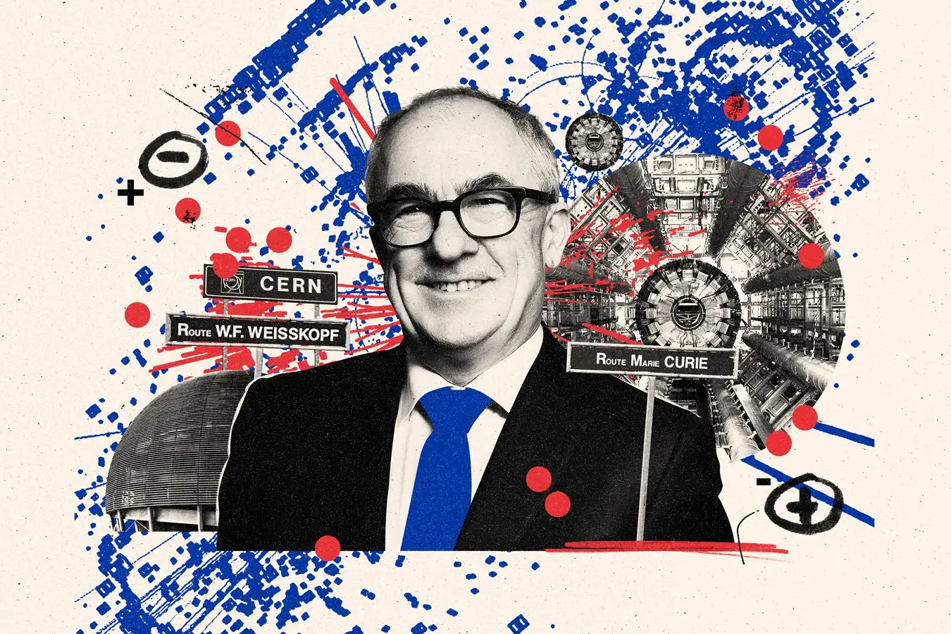 A portrait of Mark Thomson - a middle-aged man in glasses, smiling - with a background collage. The collage contains particle sprays, the LHC, and road signs from the CERN campus