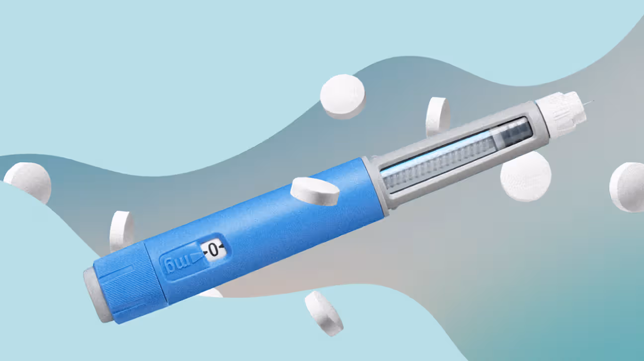 GLP-1 injection pen with pills floating on a blue background