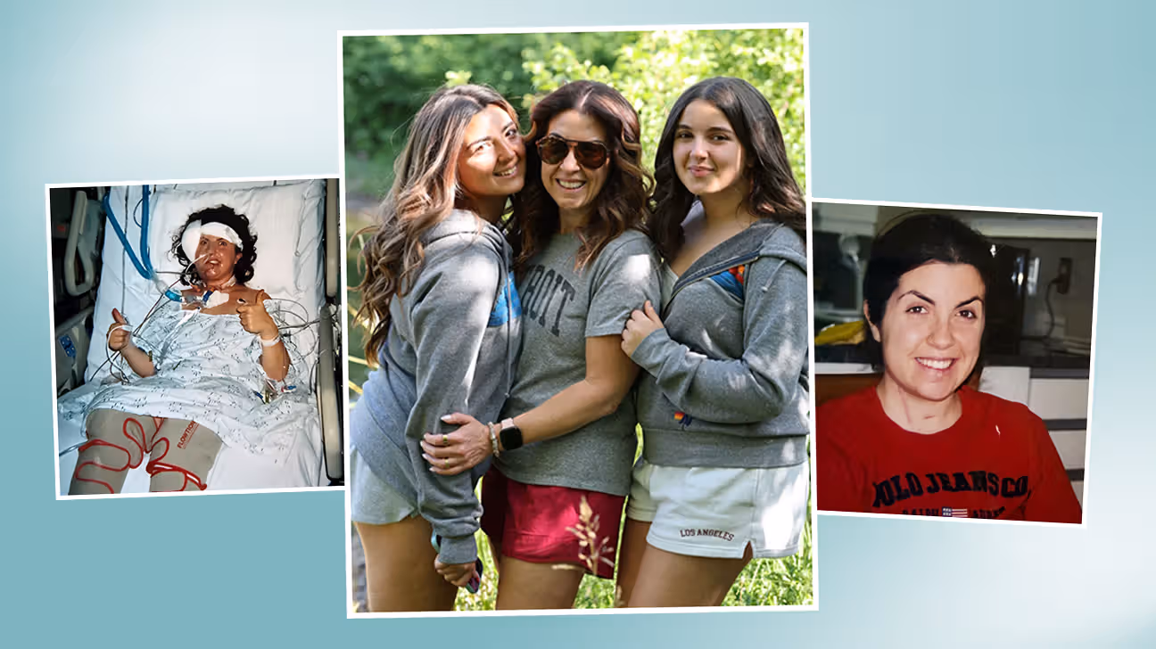 A collage of images: Jayme with her two daughters, and images of her surgery and recovery