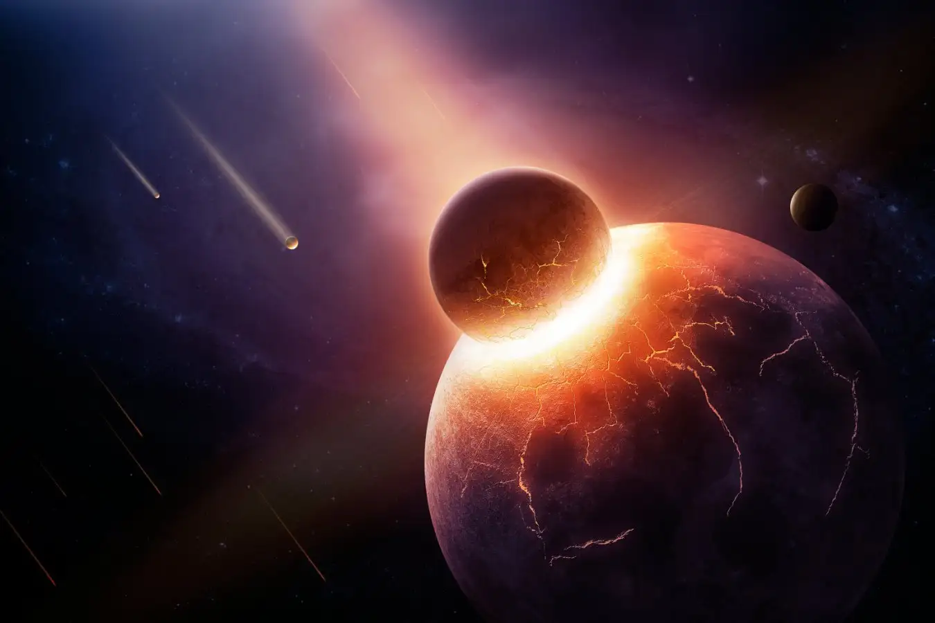 A spherical rocky body being destroyed in a collision.