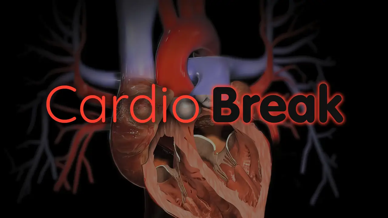 Cardio Break over a computer rendering of a heart.