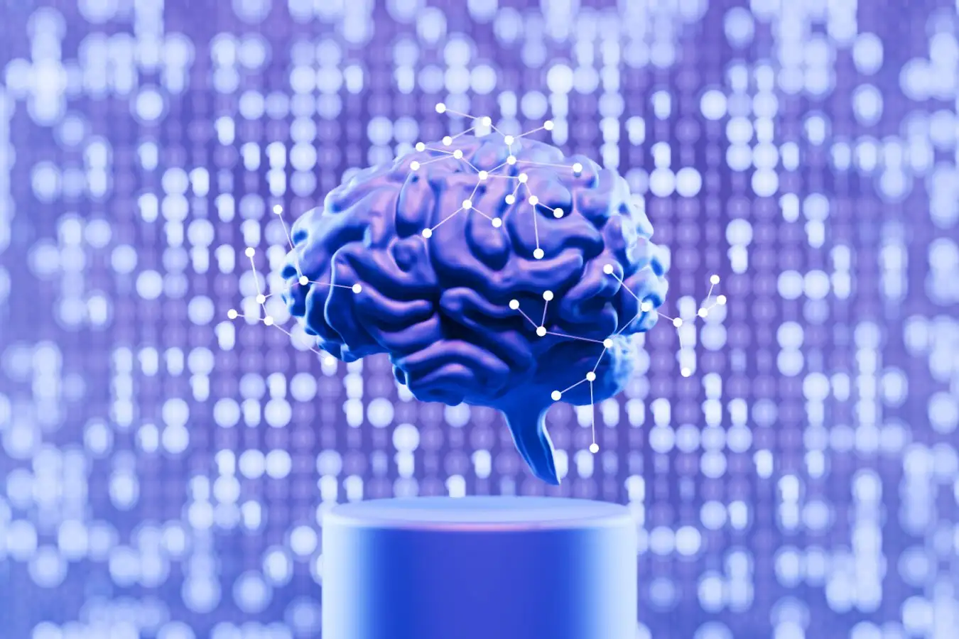 A purple brain hovers at the center of the composition, encircled by glowing, branching neurons that suggest connectivity, synaptic activity, and cognitive networks. The defocused binary background evokes digital information, data flow, and the intersection of biological intelligence with computational systems. This conceptual imagery symbolizes the fusion of neuroscience and technology, highlighting themes of neural communication, artificial intelligence, and the complexity of thought processes. The vibrant purple tones and luminous neural structures convey energy, insight, and the intricate, dynamic nature of cognition in both natural and digital contexts.