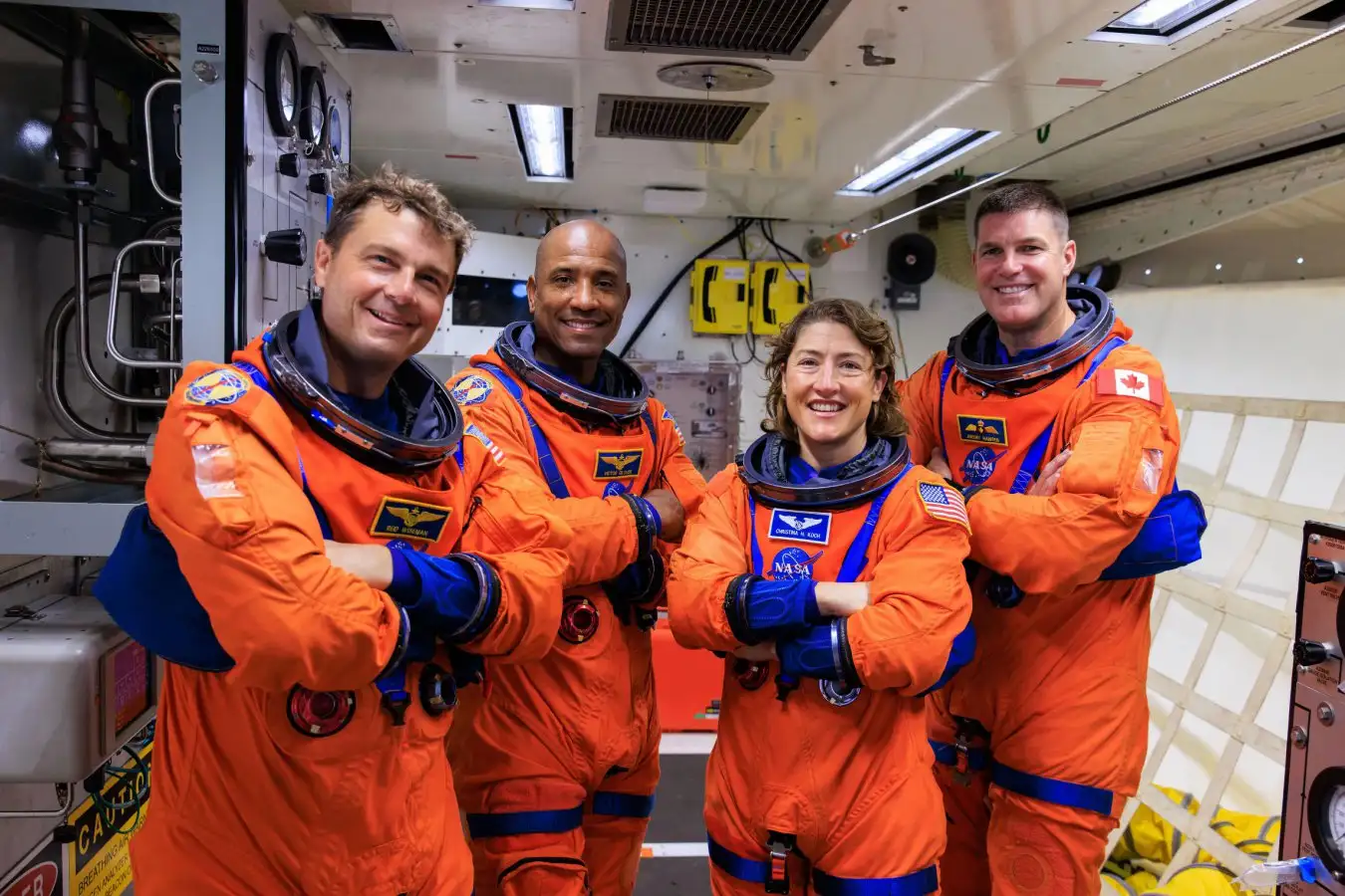 TX DATE:15-04-2026,TX WEEK:15,EMBARGOED UNTIL:07-04-2026 00:00:00,PEOPLE:(l-r) Reid Wiseman, Victor Glover, Christina Koch, Jeremy Hansen,DESCRIPTION:Artemis II Crew,COPYRIGHT:NASA,CREDIT LINE:BBC/NASA/Wall to Wall